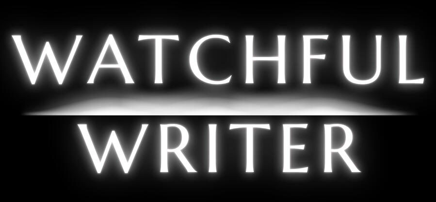 Logo The logo for Watchful Writer, which consists of neon white words on a black background with the word Watchful aligned vertically on top of Writer, with a tear like graphic between them.